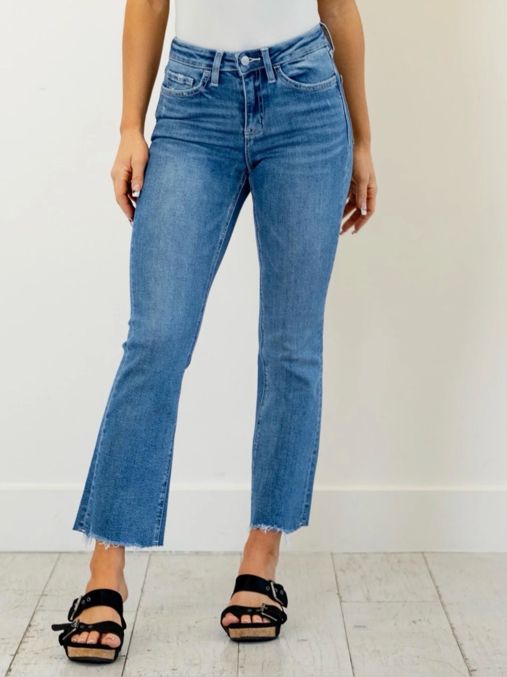 Lovevet by Vervet Medium Wash Mini Kick Flare Raw Hem Ankle Jeans